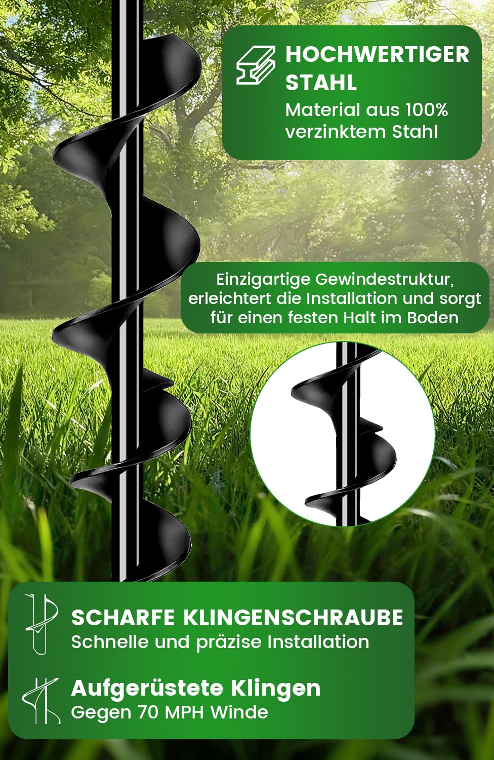 Bodenanker 48 cm, 4er-Pack mit strapazierfähigen Gurten, Bodenanker zum Einschrauben in den Boden für Zelte, Schaukeln, Überdachungen, besonders stabil und einfache Installation