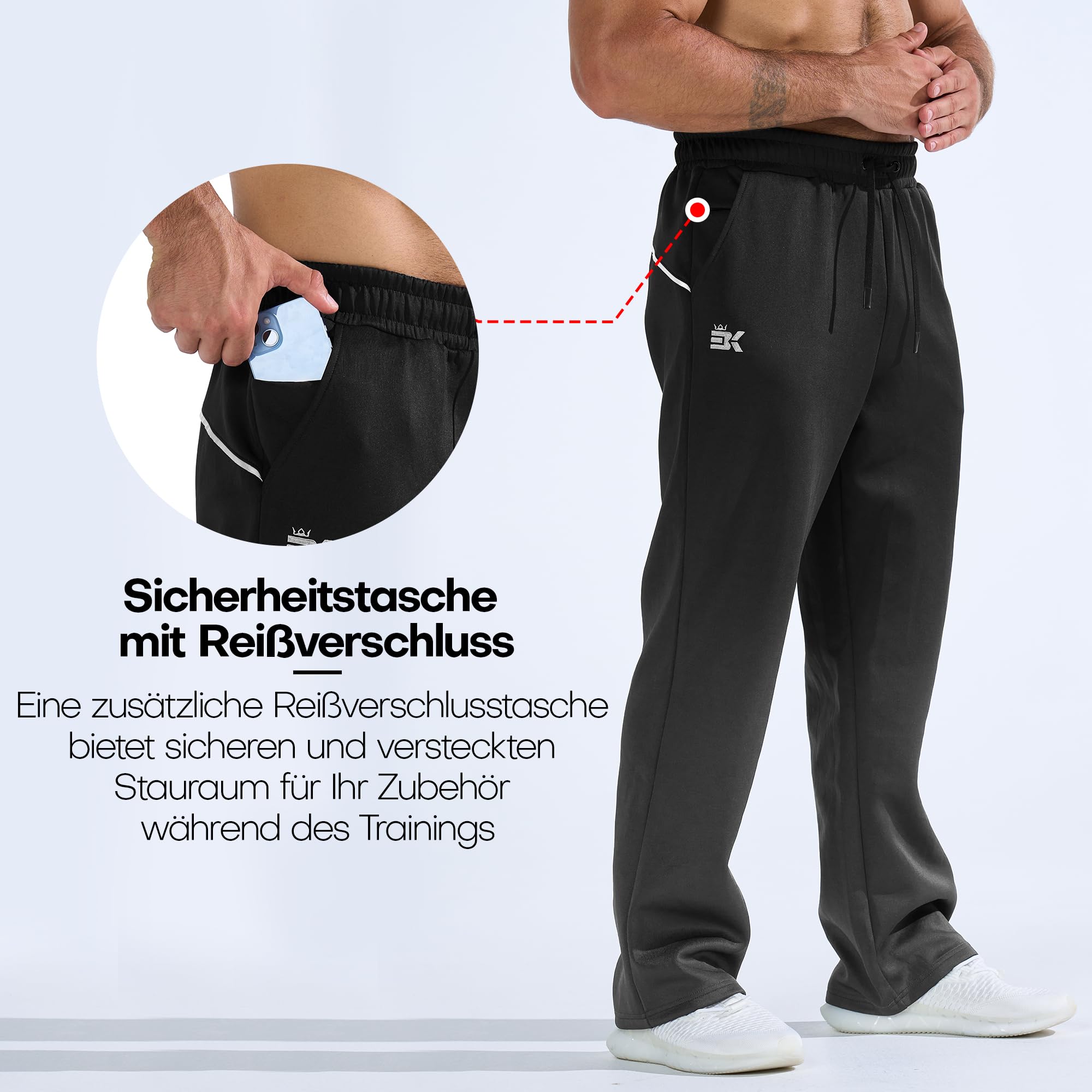 BROKIG Sporthose Extra Lang Herren Weites Bein Trainingshose | Gym Jogginghose Herren Fitnessstudio, Training Hose Herren Lang, Gerade Freizeithose mit Reißverschlusstasche