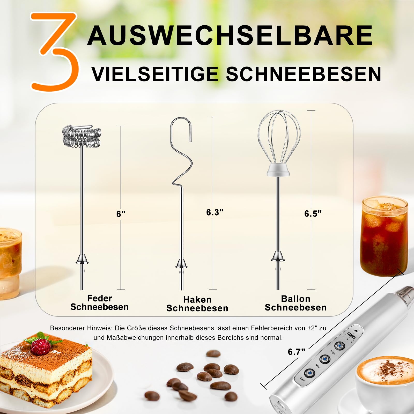 YUSWKO Milchaufschäumer Stab für Kaffee, Usb Wiederaufladbarer Aufschäumer, 3 Schneebesen-Köpfe 3 Geschwindigkeiten, Milchaufschäumer Elektrisch für Milchkaffee, Cappuccino, Getränkepulver