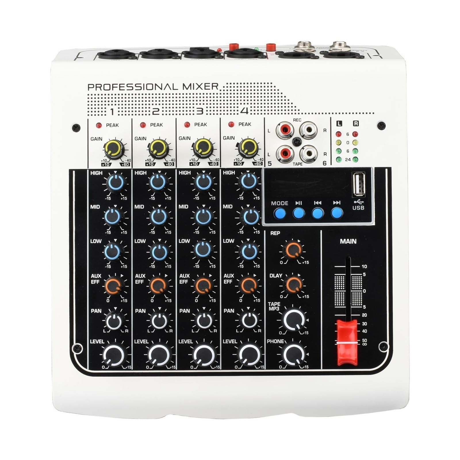 Mikser dźwięku, 4 Mono 1 Stereo 6 Kanałów USB Odtwarzanie Nagrywanie DJ Impreza Szkoła Spotkanie Kościół Rodzina Mikser Audio
