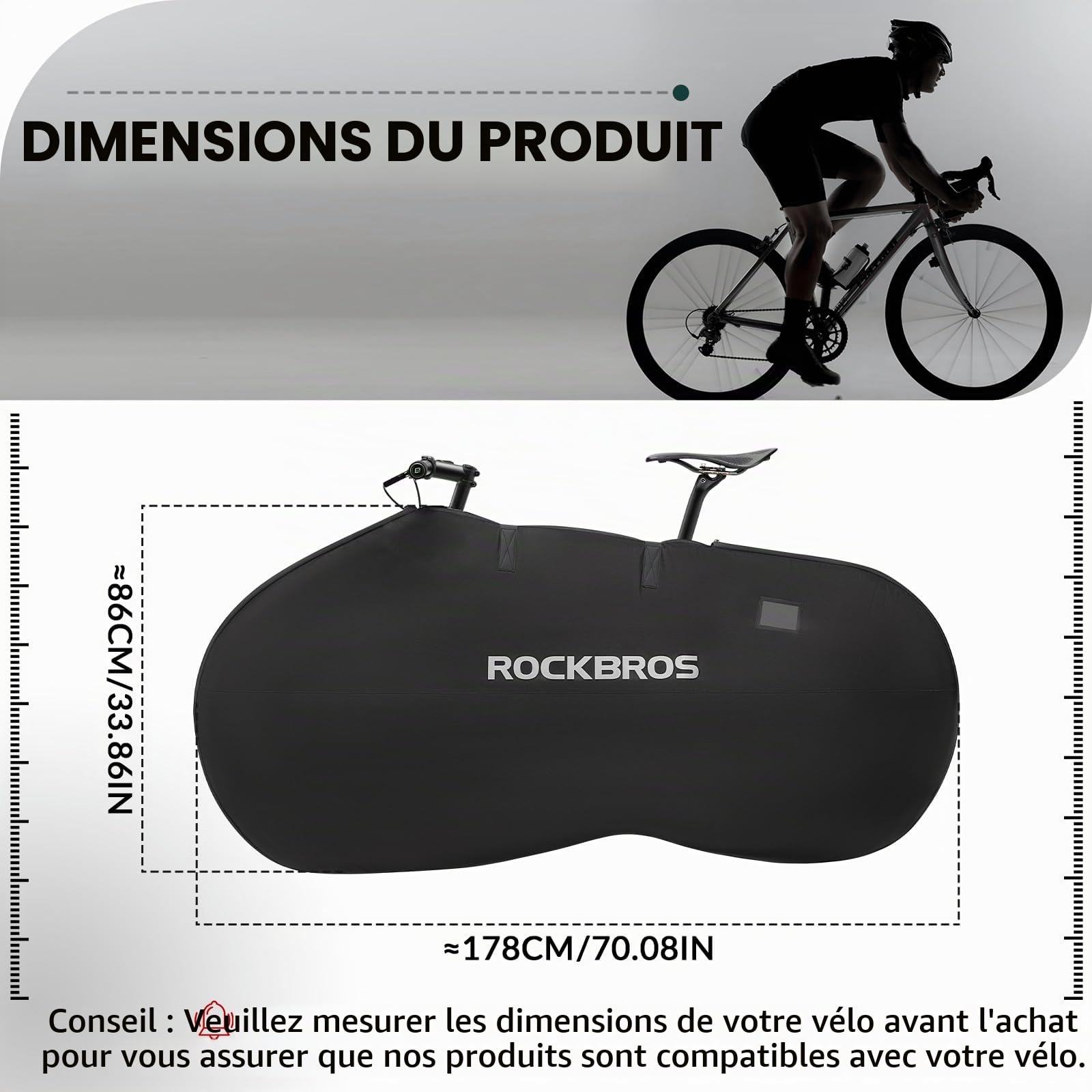 ROCKBROS Housse protectrice pour vélo, housse imperméable Oxford 178 x 86 cm pour vélo de course et VTT de 26 pouces, conçue pour le transport de vélos