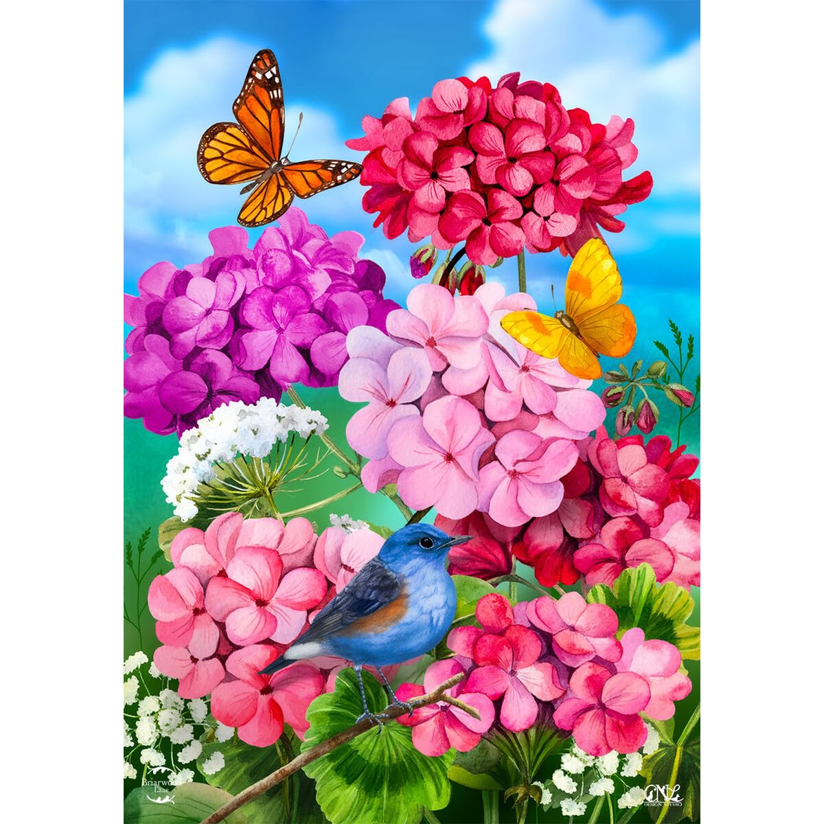 Briarwood Lane Geranium w rozkwicie wiosenna flaga domu kwiatowe ptaki 71 cm x 102 cm