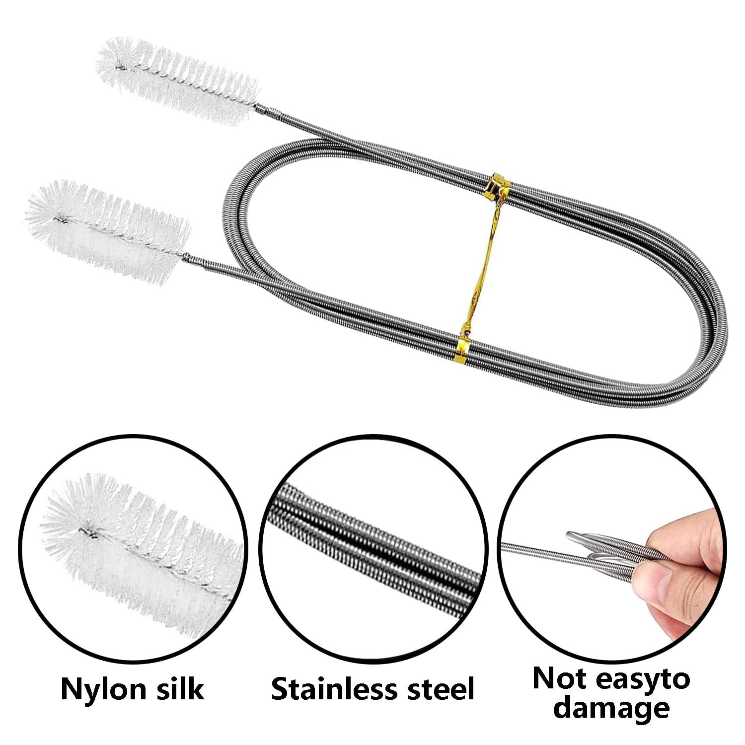 Spazzole flessibili per la pulizia del tubo di alimentazione, in acciaio inox, con doppia testina rotante in nylon e setole sottili per tubi di scarico e tubi flessibili
