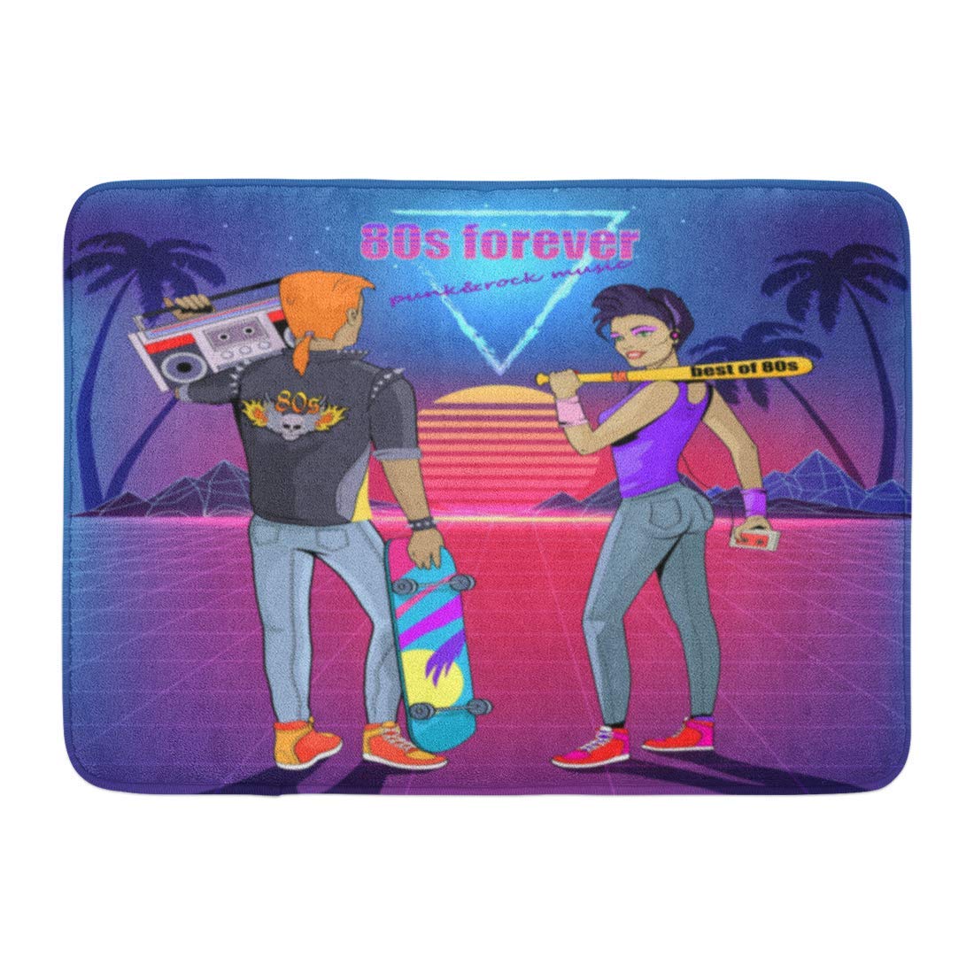 ECNM56B Doormats Bath Rugs Door Mat 80S Forever Punk and Rock Music Man in Jacket Boom Box Skateboard Woman Headphones Bat Starry Sky 15.8"x23.6"
