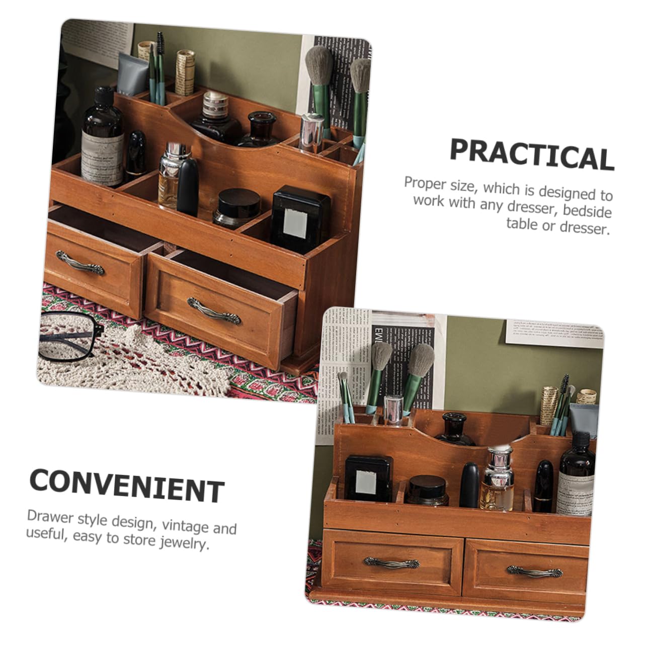 Organizer Scrivania in Legno Vintage Per Cosmetici e Contenitore a Cassetto Multifunzionale 2 Griglie Per Camera Letto e Ufficio