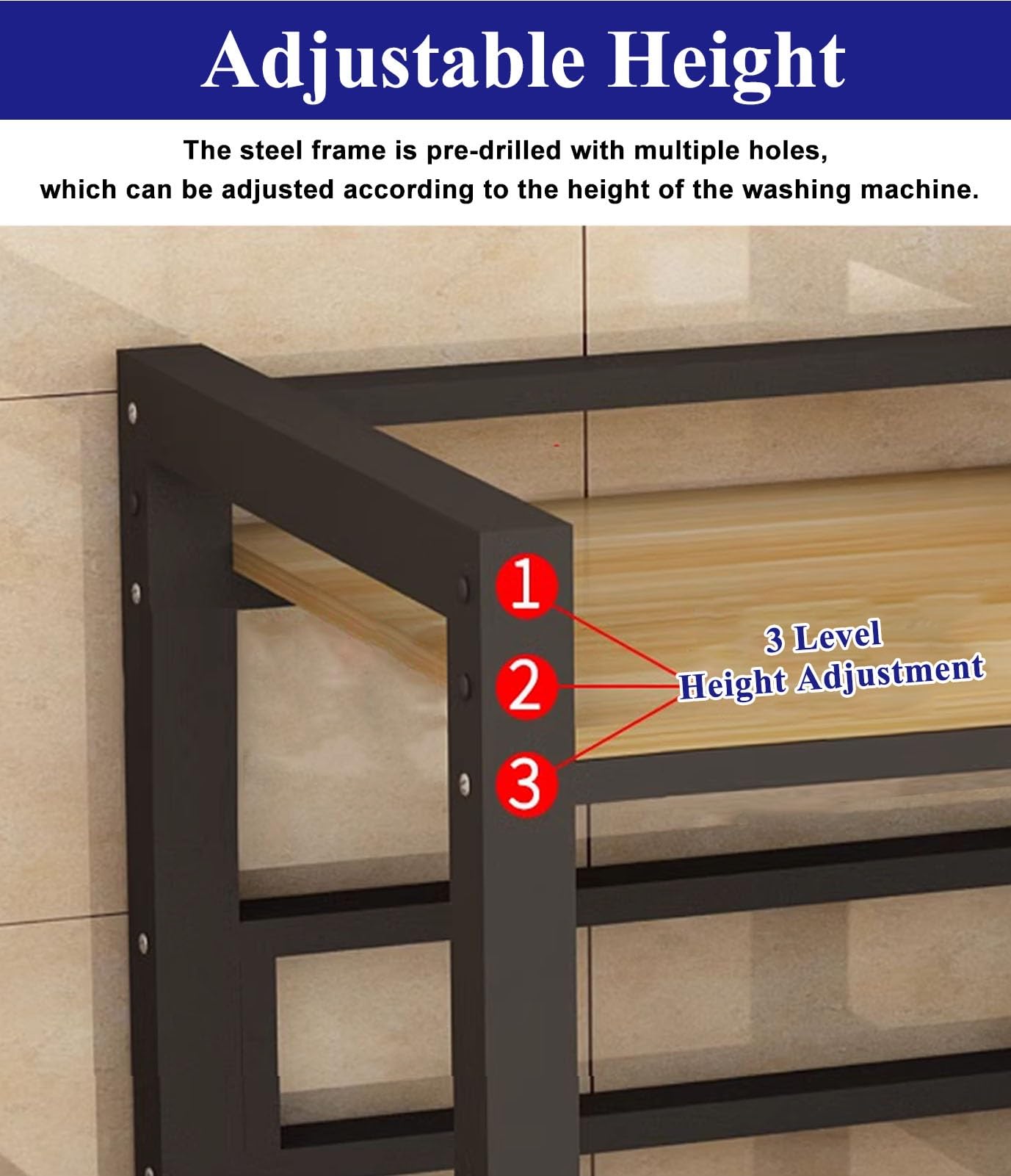 Soporte Lavadora Secadora Estante Apilable para Lavadora y Secadora con Estructura de Acero. Estante de Almacenamiento Apilable para Lavadora y Secadora. Encimera de Madera de Altura Ajustable(Black)