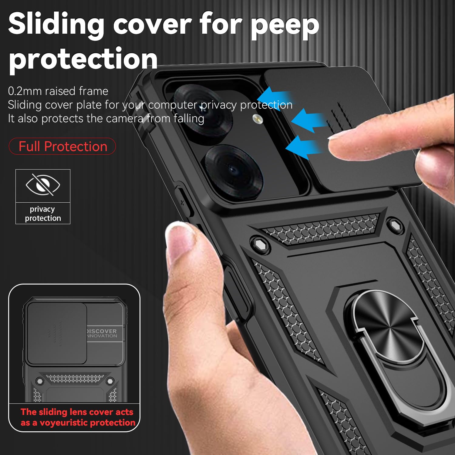 Jiyu Funda Compatible con Xiaomi Redmi 13C/ Poco C65 Carcasă Armor Militar Cubierta de Cámara Deslizante Proteger Fundas con 360 Full Protección Anillo Soporte Silicona Estuche Cover Case,Negro - 3