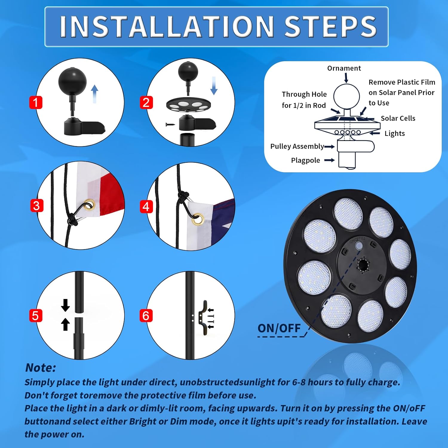 MXQMKL 20FT Heavy Duty Solar Flag Pole Kit,12 Gauge Flag Pole for Outside House Thick Aluminum Flagpole with 136 LED Light & 3x5 American Flag for Outside Ip67 Waterproof,Black - Image 6
