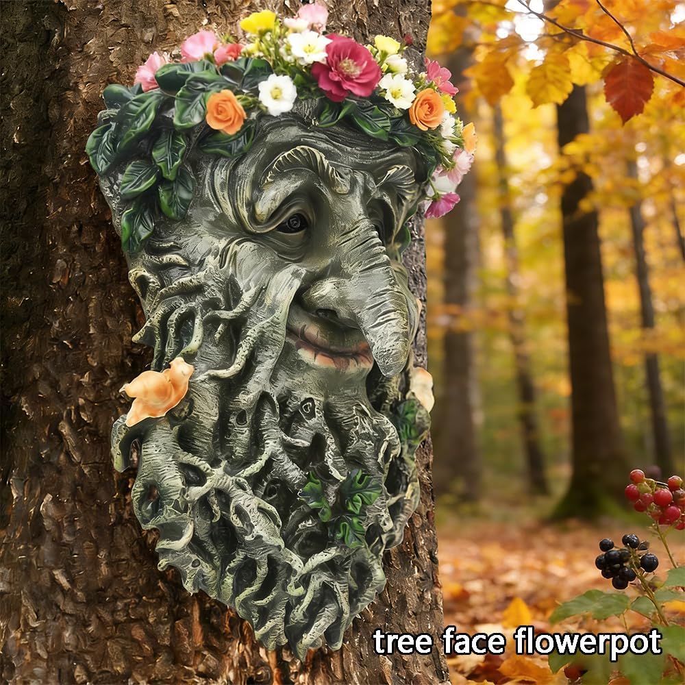 Old Man Tree Face Hugger Outdoor Decor - Handmade Tree Flower Pot for Garden, Rustic Fairy Garden Accessory, Unique Outdoor Gift & Whimsical Yard Art, 9"(H) x 6.5"(L)