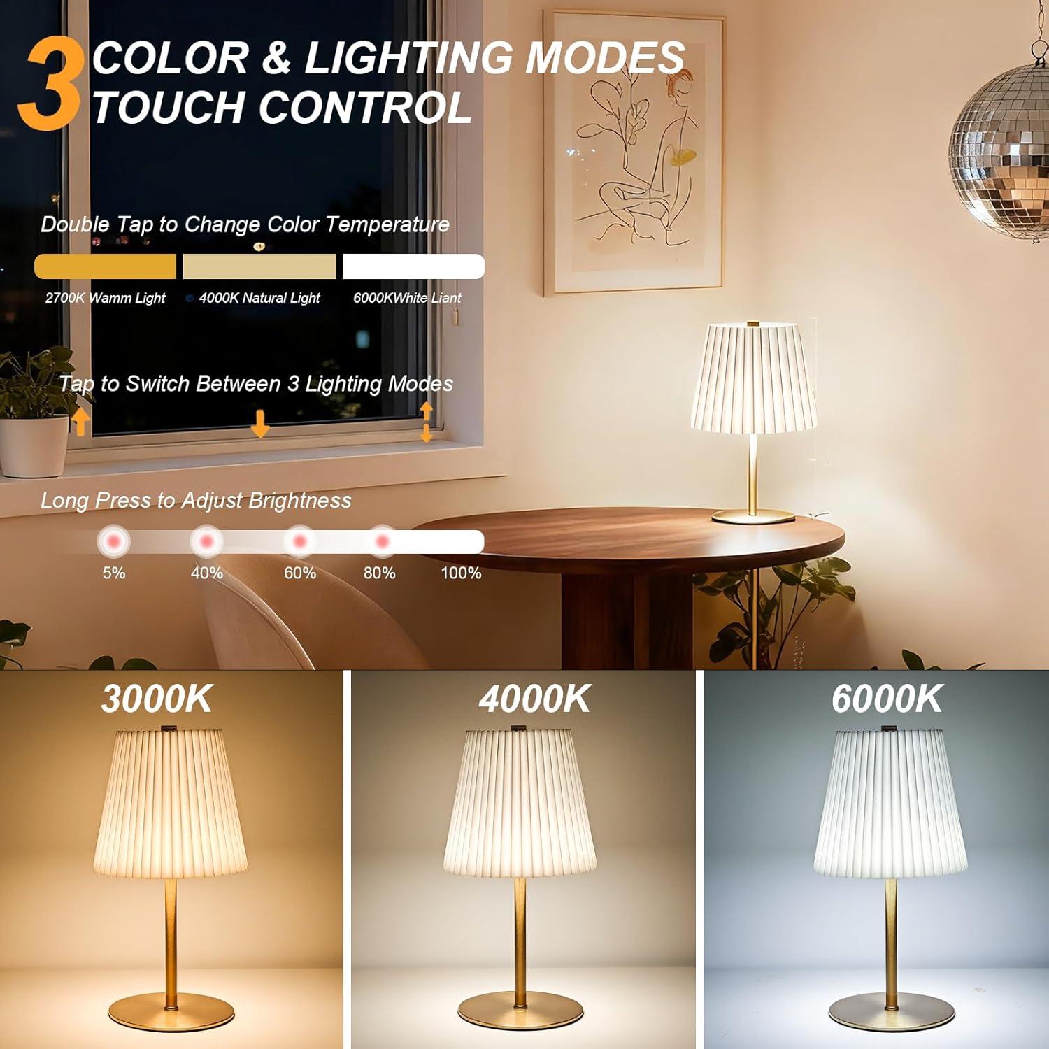 Small Cordless Table Lamp, 5200mAh Rechargeable Battery, Touch Control 3-Color & Stepless Dimming, Portable LED Mini Lamp with Beige Shade for Bedroom, Office, Dining Table, Outdoor Camping