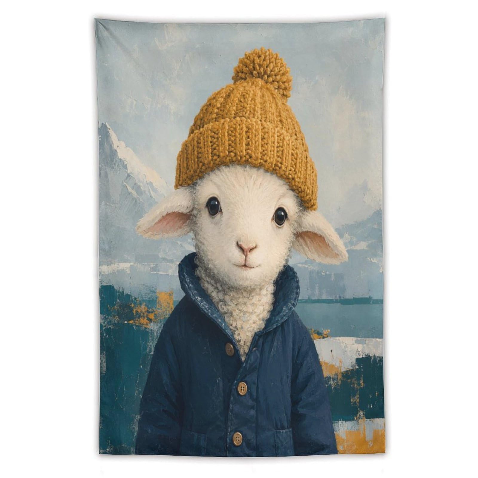 H3B8U2Y5 Lamb Winter Hat Lake Wall Tapestry, Realistic Illustration