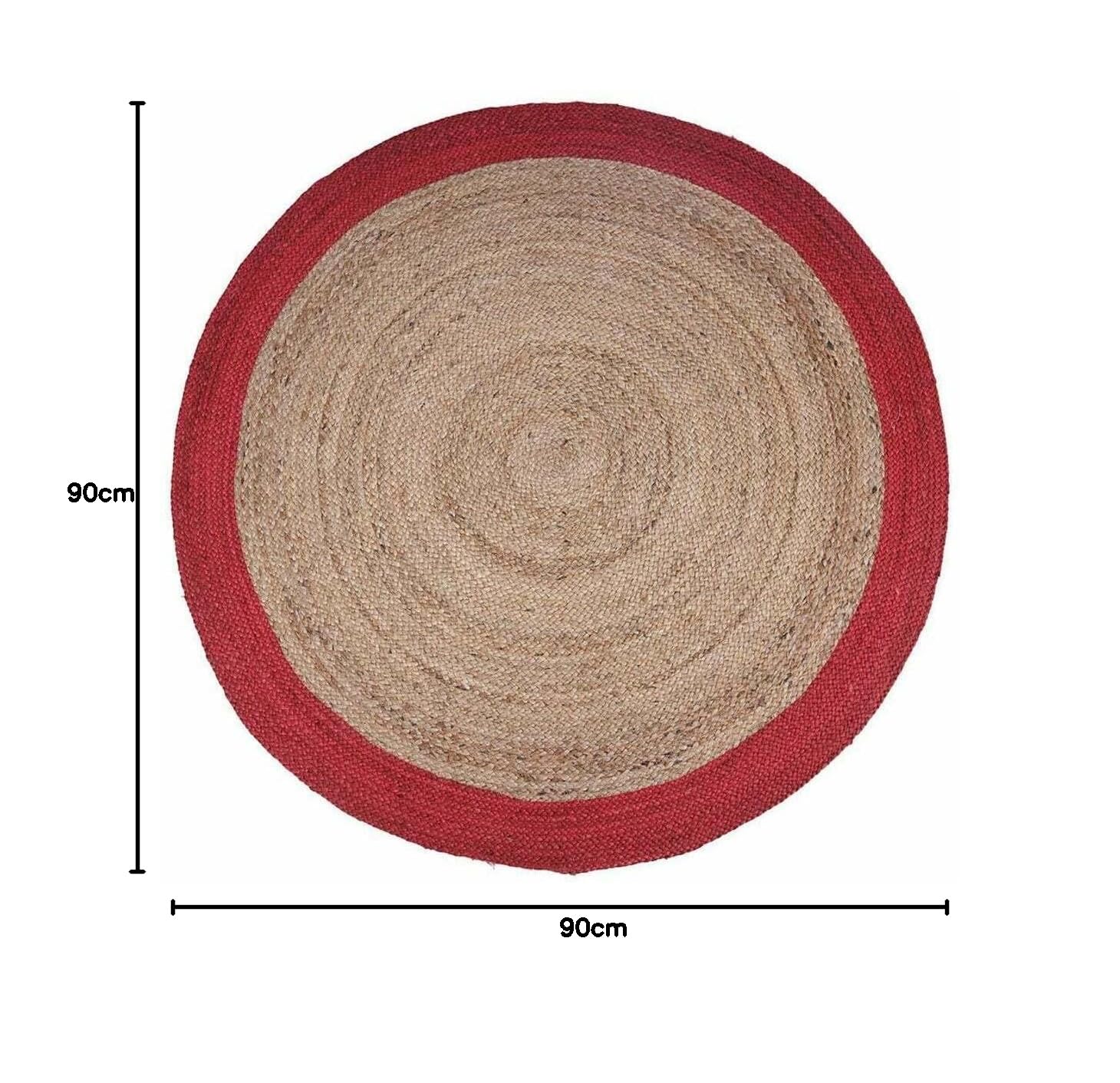 Tapis rond en jute naturel avec bordure colorée faite à la main - 90 x 90 cm - Beige + rouge