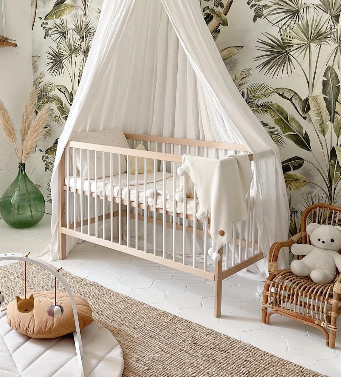 Mokee Mini Cot Bed Space Saving Cot - Wooden Crib with Adjustable Height - Converts to Toddler Bed - Scandinavian Design (White Beech)