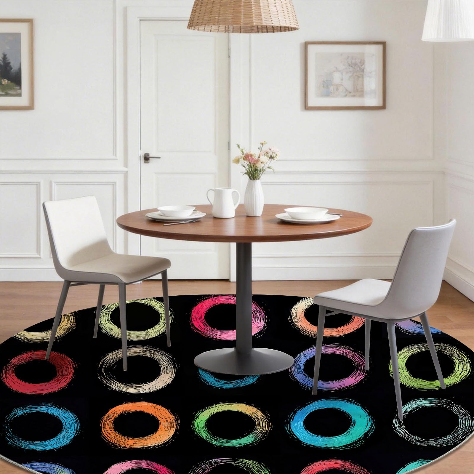 Lavable Tapis 150 cm Rond Intérieur Abstrait Cercle pour Salon, Chambre ou Couloir - Doux et Antidérapant - Moderne Minimaliste Chic Facile à Nettoyer Poil Ras Tapis pour Salle de séjour, Noir