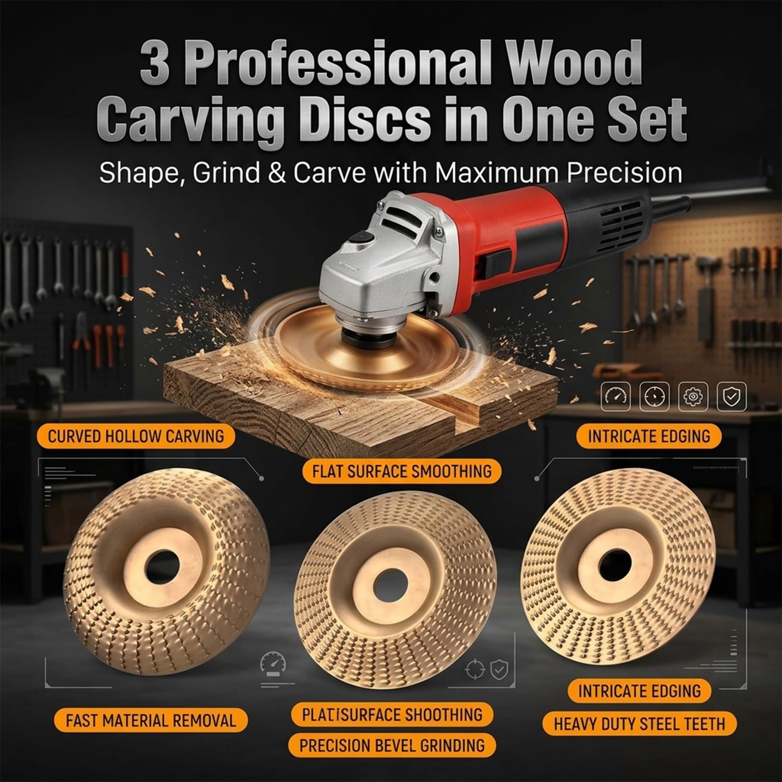 Set Dischi Intaglio Legno per Smerigliatrice Angolare 3pcs, Pro-grade Kit Per Incisione E Sgrossatura Ceppi Disco Sagomatura E Lavorazione Del Legno - Strumenti Lucidatura(1Set)