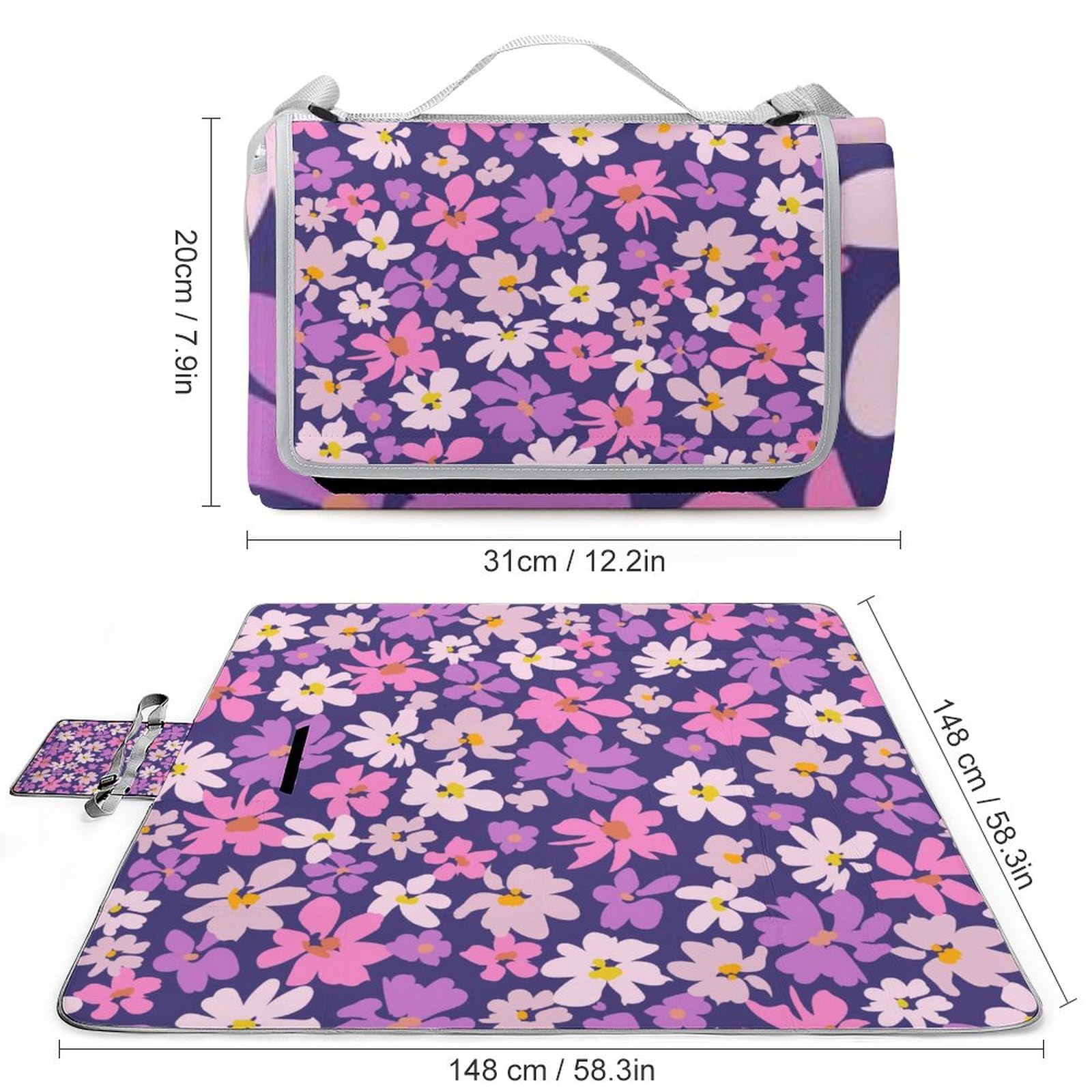 Modern-Floral-Pattern Picnic Blanket Waterproof Foldable, Large Outdoor Picnic Blanket Beach Blankets Camping Blanket Travel Mat, Shoulder Strap Tote, Rectangle 58x58in