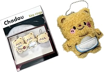 Chadou Key Ring, Cute Teddy Bear Plush Keychain, Ball Chain, Embroidered Detail