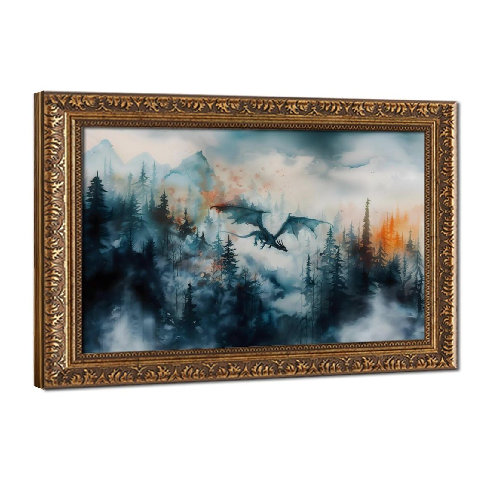 Bareronor Forest Dragon Watercolor Art (3) Canvas Poster Bedroom Decor Landscape Office Room Decor Gift 12" L X 18" W