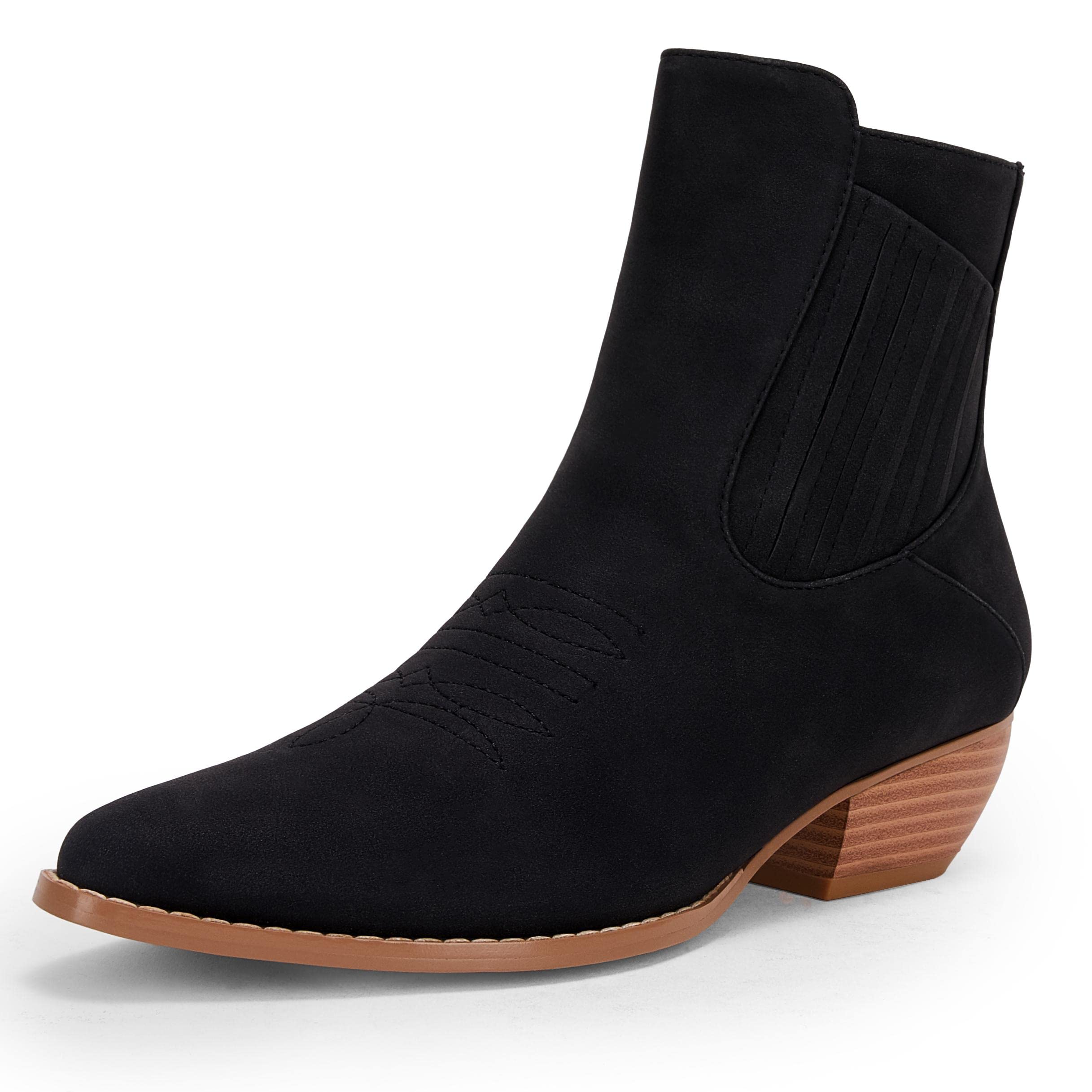 Womens Cowgirl Ankle Boots White Chunky Block Stacked Low Heel Suede