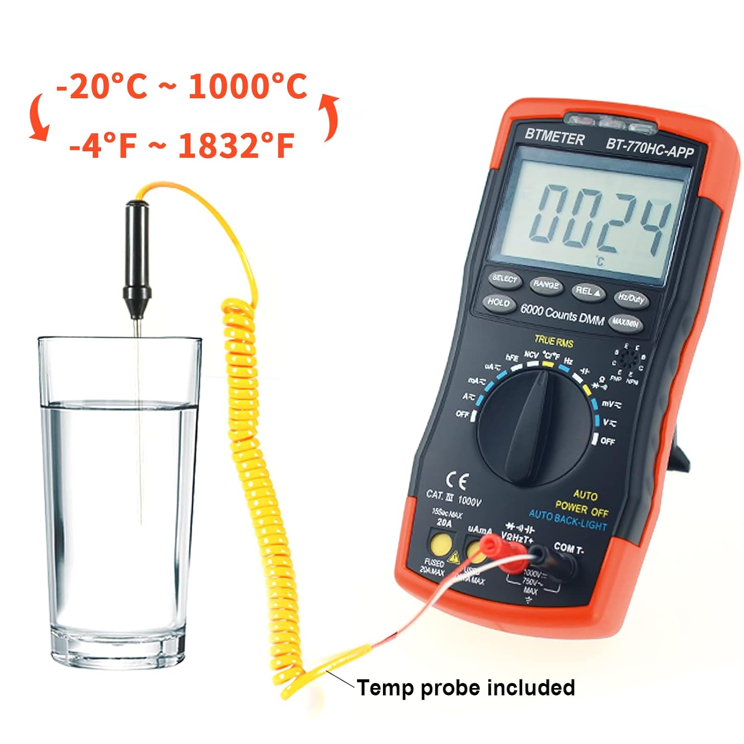 BTMETER Digital Multimeter, Handheld TRMS 6000 Multi Meter Auto Range Voltmeter Ammeter Measure AC DC Volt Amp Ohm Continuity Capacitance Frequency Diode hFE Transistor Temp 770HC-APP