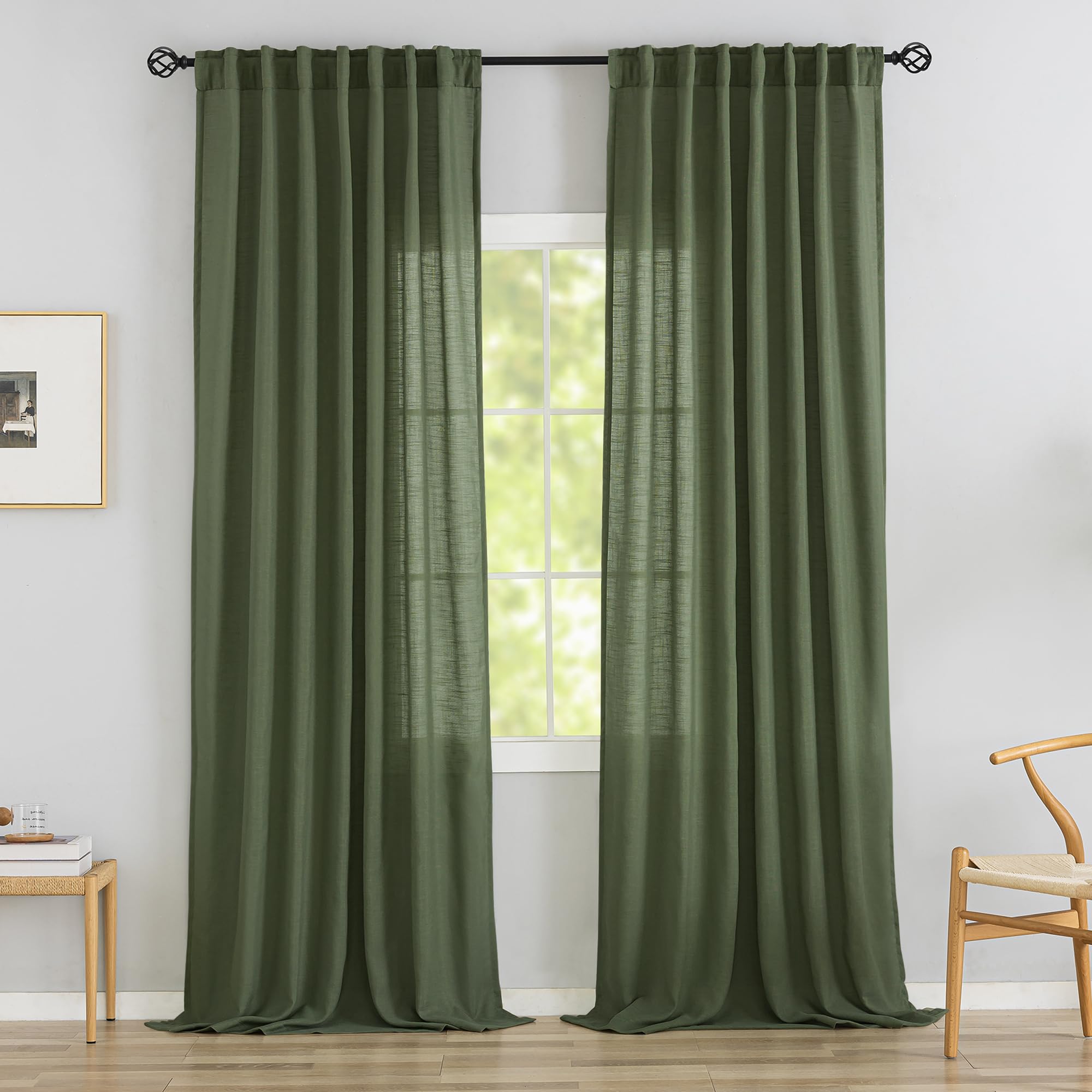 Olive Linen Back Tab Curtains 102 Inches Long 2 Panels Set for High Windows -Rustic Hooks Belt Pinch Pleated Look Easy Sliding Curtains Light