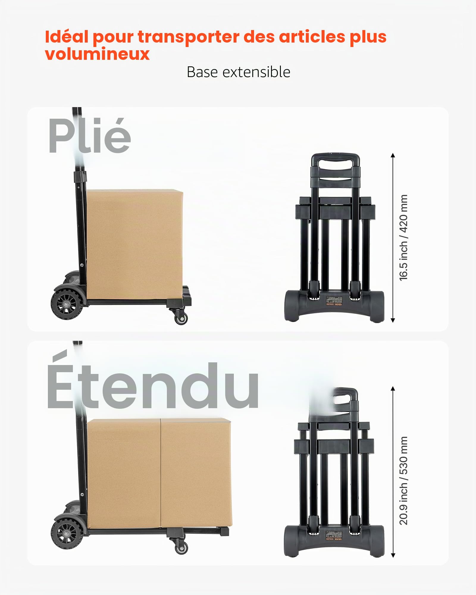 VEVOR Diable Pliant 4 Roues, Chariot à Bagages Pliable, Capacité de Charge 131,5 kg, 2 Cordes Élastiques, Base Extensible, Chariot Utilitaire pour Déménagement, Manutention, à l'Aéroport, Bureau, Noir
