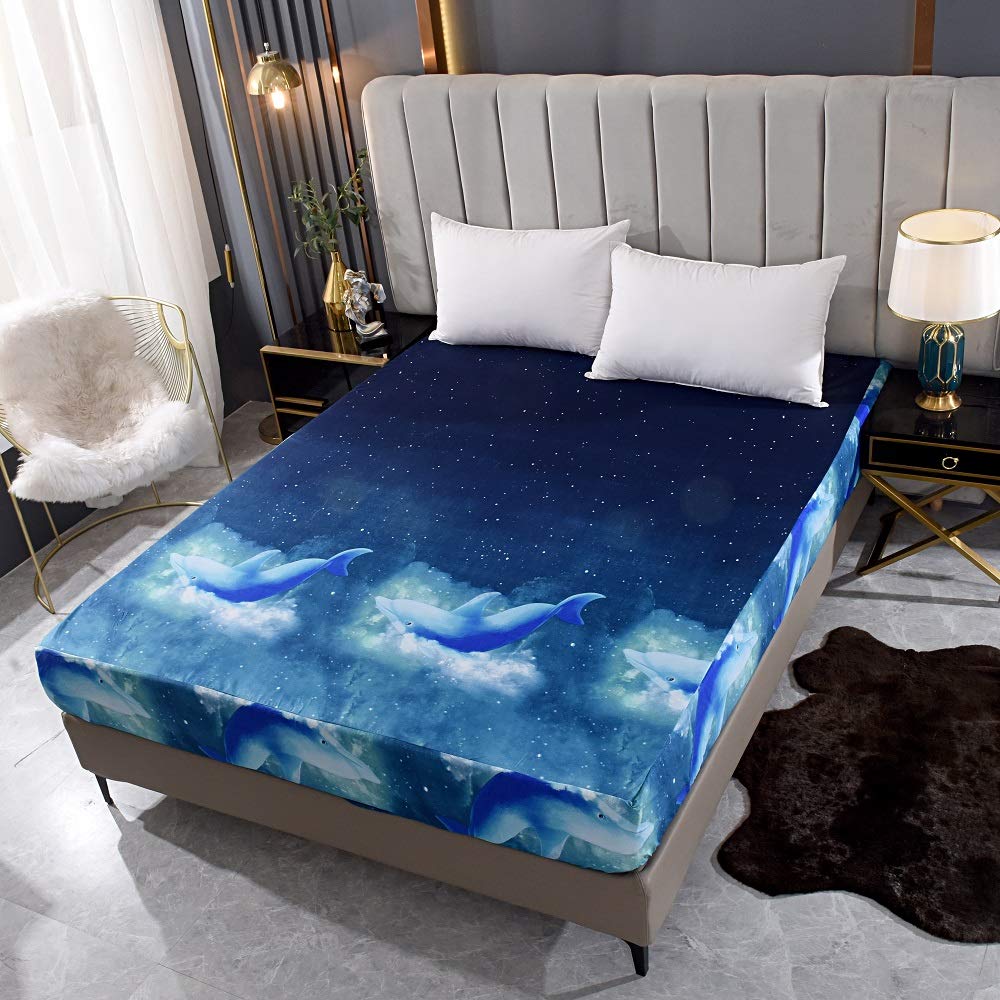 Bedding Fitted Sheet with Deep Pocket,Dolphin Printed Fabric Bed Sheets,Ocean Pattern Sheets for Twin Size Bed (Green Space, Twin)