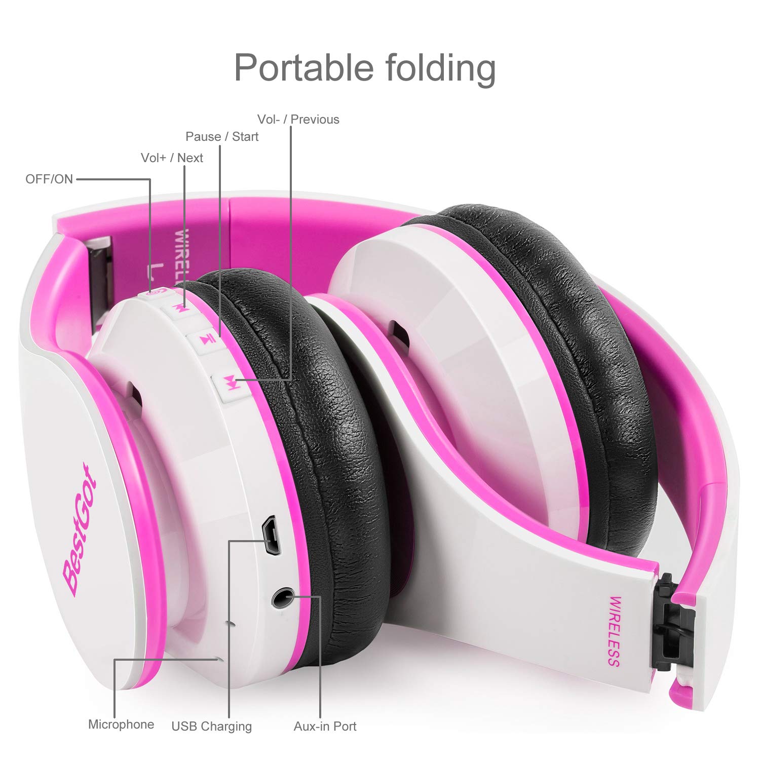BT6002 - Auriculares inalámbricos Bluetooth para niños, volumen limitado, 85/110 dB, para escuela, plegables, para 60 horas, PC, teléfono, tabletas, TV (blanco/rosa)