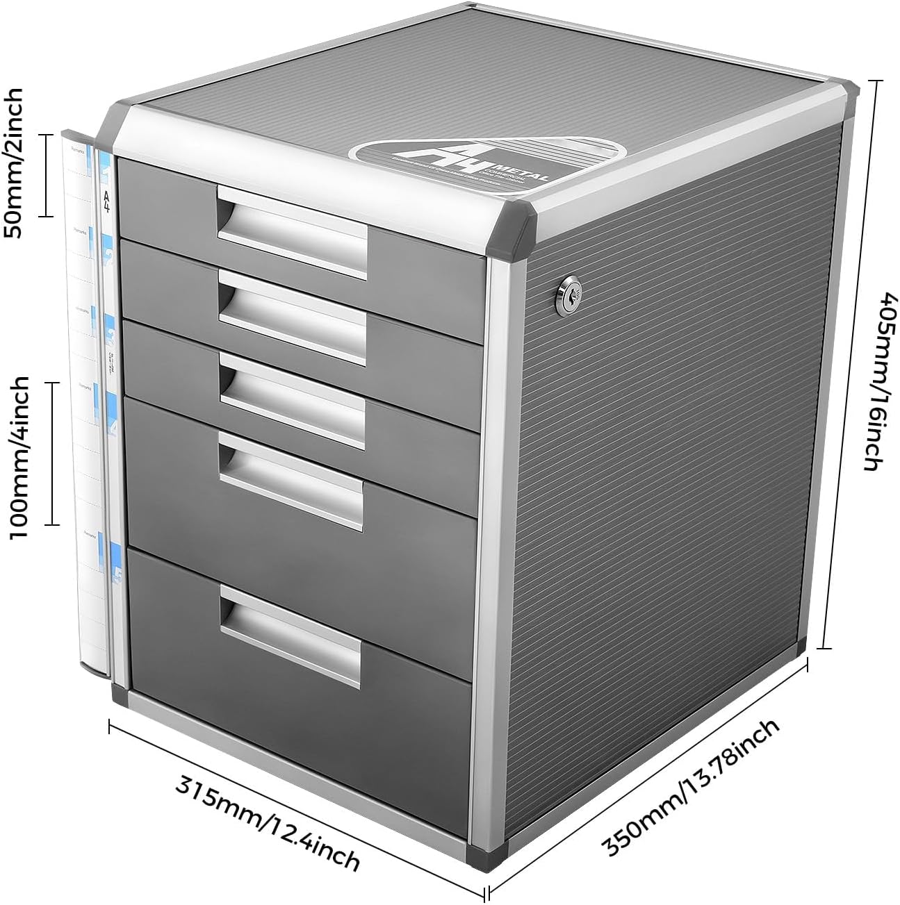 Lockable Document Storage Box, 5-Drawer File Organizer, Office Storage Cabinet - 13.78"x12.4"x15.94" - Aluminum Alloy & MDF Construction - Secure Filing Box for Home Office, Classroom, Law Firm