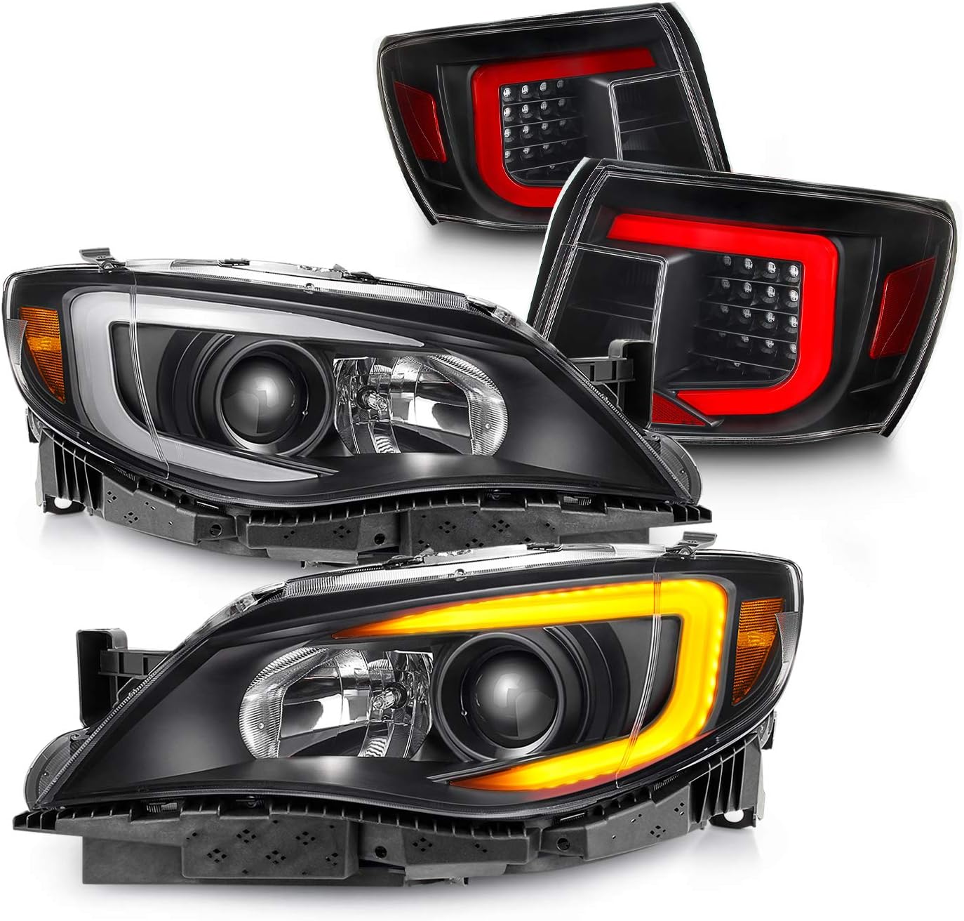 AKKON - For 08-11 Subaru Impreza| 12-14 WRX LED Bar Style Taillights + Black Projector Headlight