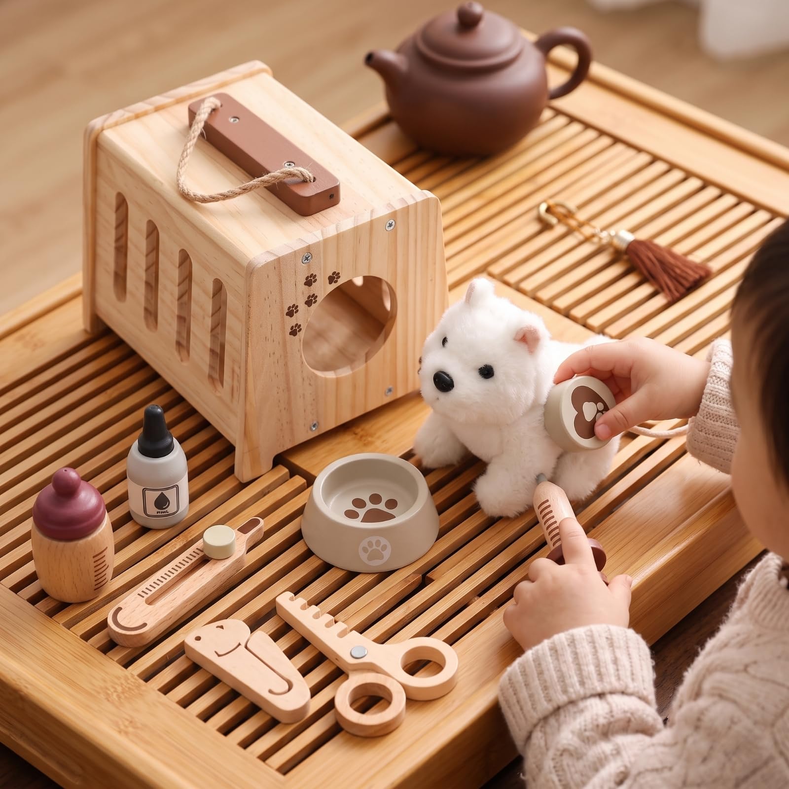 Amagogo Gioco Veterinario Bambini Kit Dottore Animali Valigetta Legno Portatile Pupazzo Peluche Accessori Medici Ciotola Spazzola Narrazione Creativa Adatto