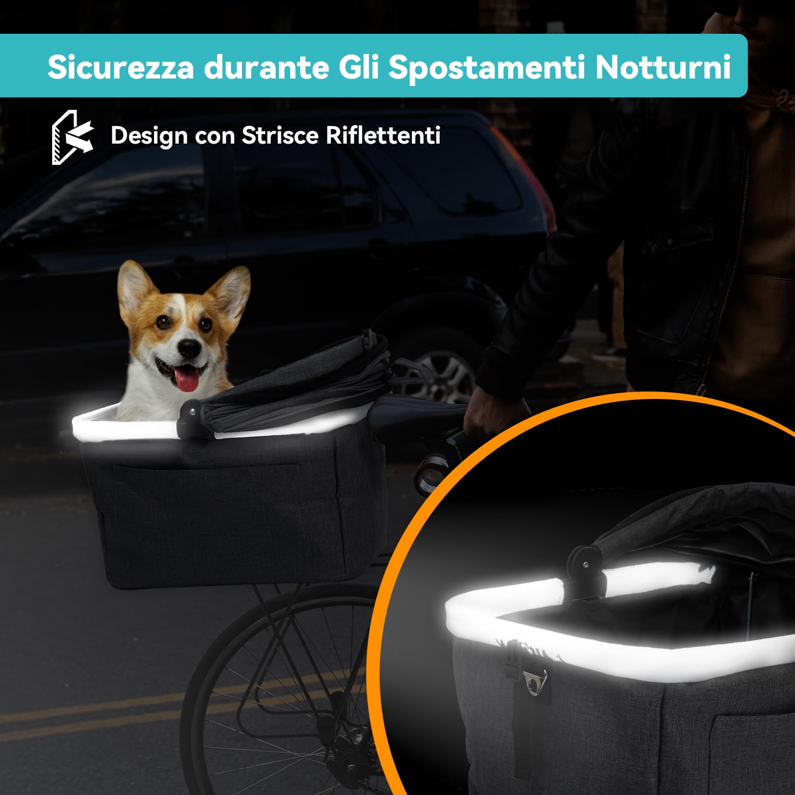 Cestino Posteriore Pieghevole per Cani Gatti fino a 12KG con Telaio in Metallo, Montaggio Rapido, Finestra a Rete, Cuscino Morbido, Strisce Riflettenti Adatto per Bici