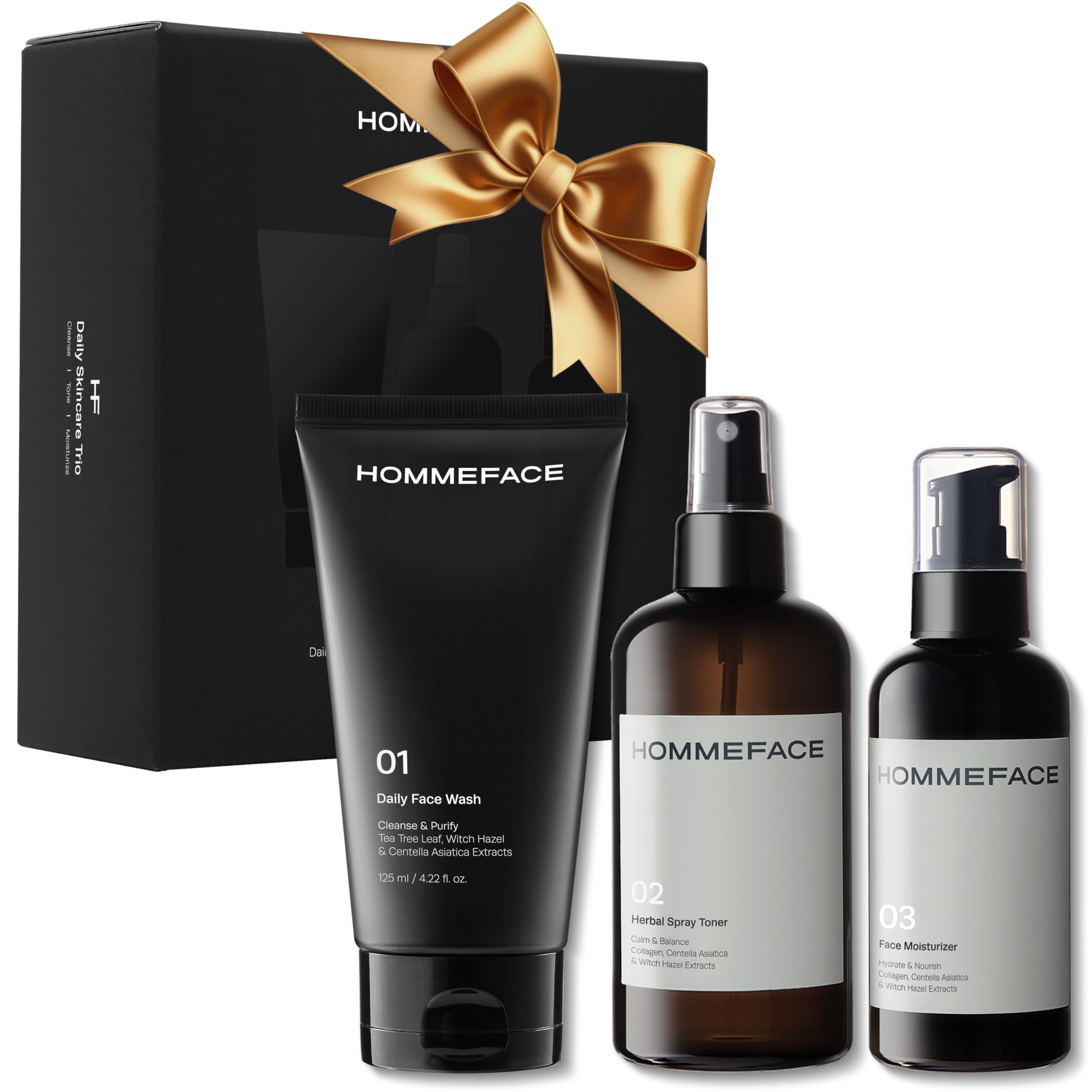 HOMMEFACE Daily Trio Skin Set for Men | 3-Step Skincare Kit | Includes Face Wash, Herbal Spray Toner, and Facial Moisturizer | Alcohol-free, No SLS