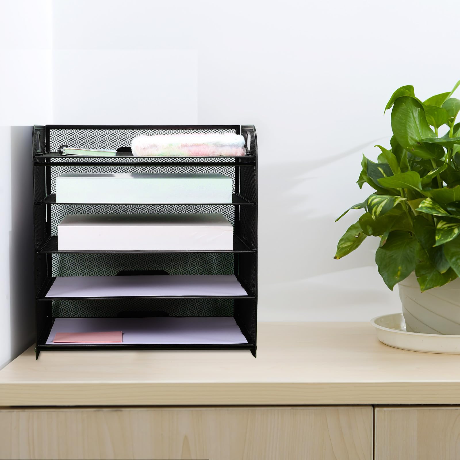 Organizzatore a 5 Livelli Design a Rete Nero per Documenti da Scrivania in Acciaio al Carbonio Portatile per Organizzazione per Ufficio e Desktop