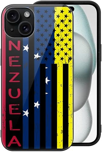 Miniatura 5 de Funda protectora de cristal duro con bandera de Venezuela con la bandera de Estados Unidos, diseño de orgullo de país, compatible con iPhone 15,