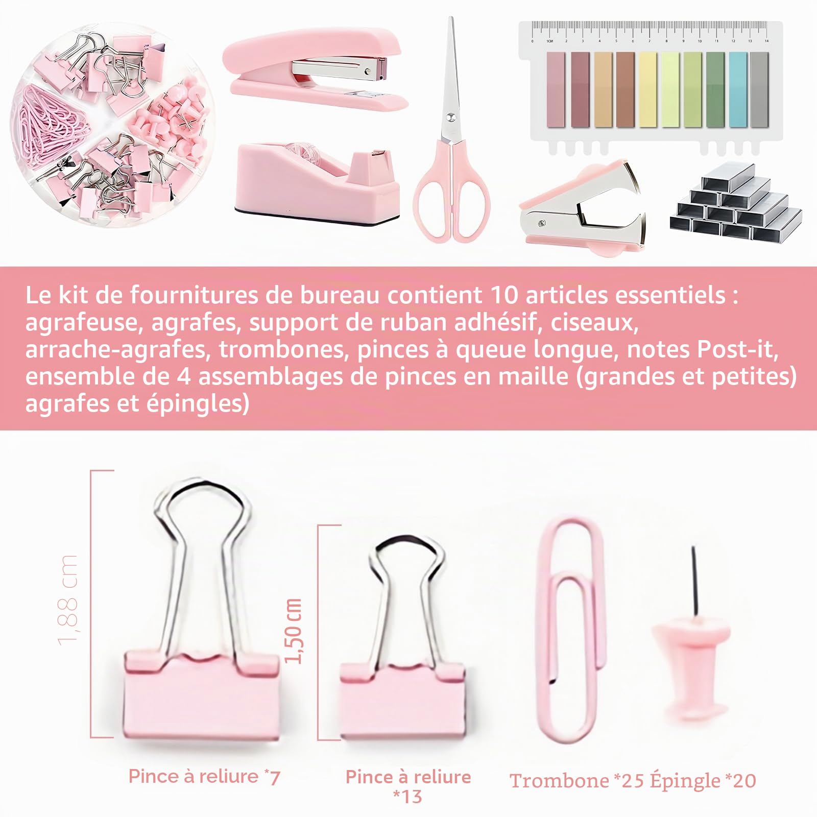 Fournitures de Bureau Roses: Ensemble de Fournitures de Bureau, Kit d'accessoires de Bureau avec Agrafeuse, Distributeur de Ruban Adhésif, ôte-agrafes, Clips, Ciseaux, Onglets