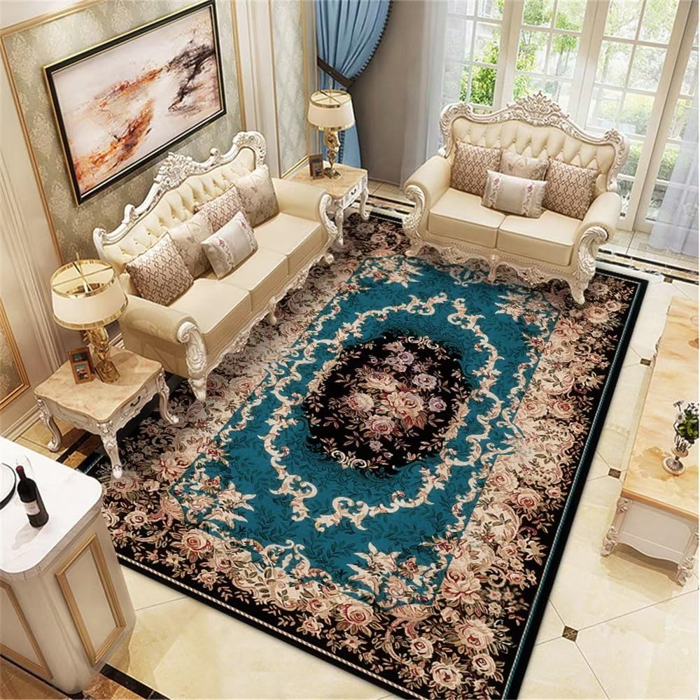 Tapis bleu foncé géométrique 160x200 cm lavable en machine pour salon et terrasse