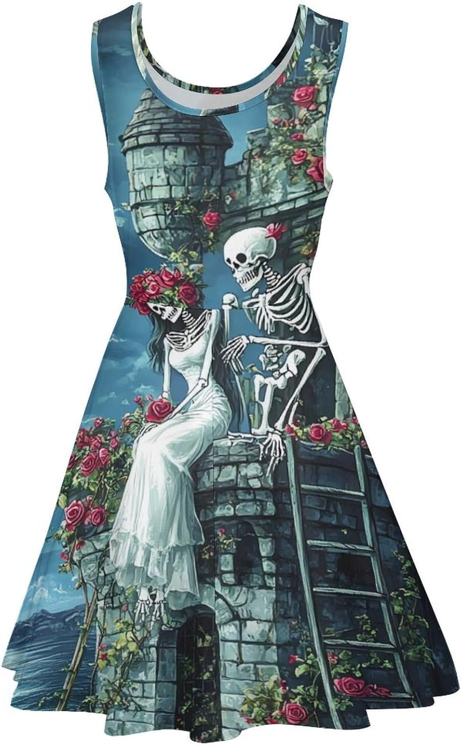 Romantic Gothic Skeleton Lovers Castle Women's Dresses Round Neck Dress Sleeveless Tank Dress Ruffle Hem Sundress