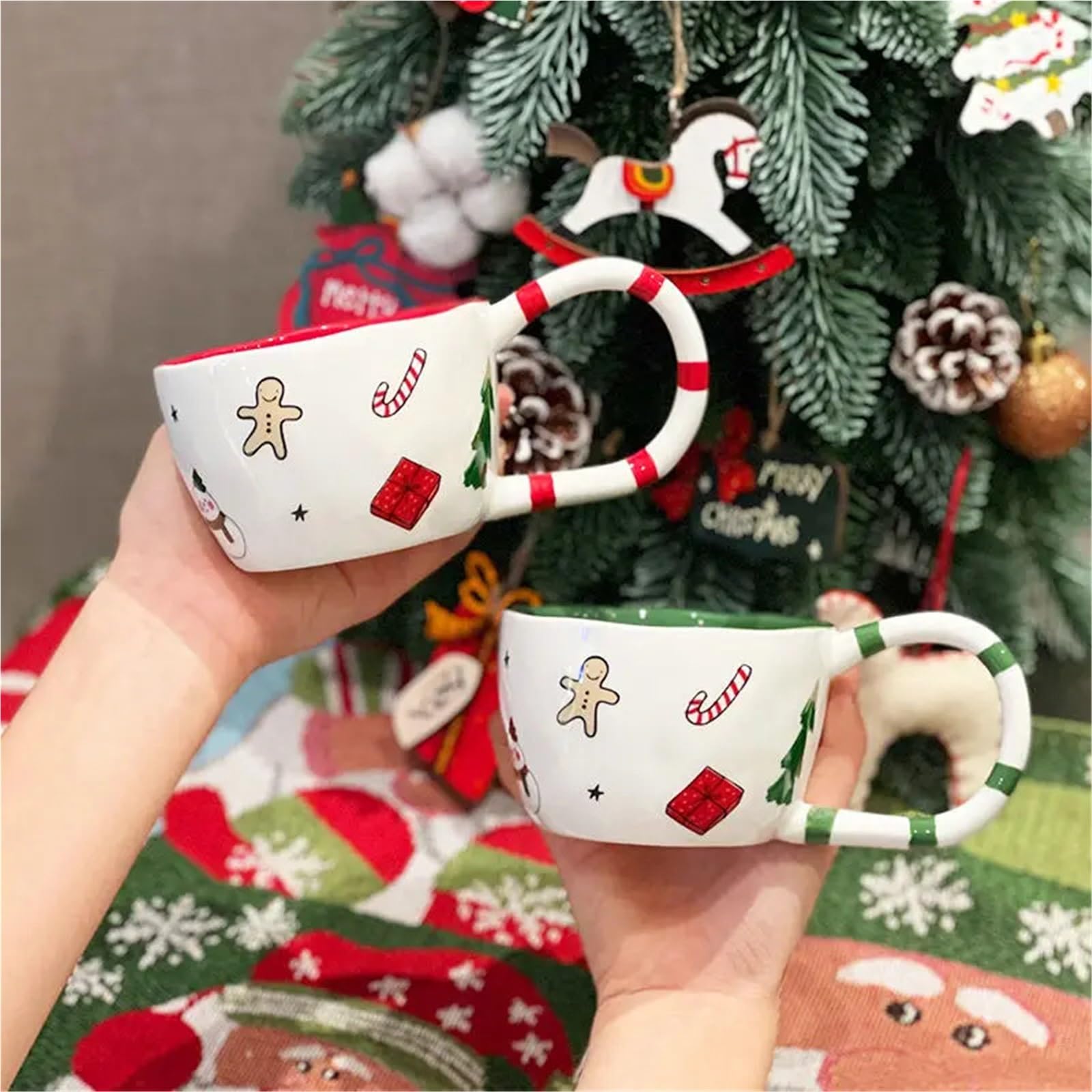 Tazza Per Coppie 2PCS 350ML Tazza di caffè di Natale Pizzicata a mano Tazza di ceramica Inverno Tè pomeridiano Latte Irregolare Grande manico Acqua Articoli e Attrezzature for Acqua, Caffè, Tè Per Nat
