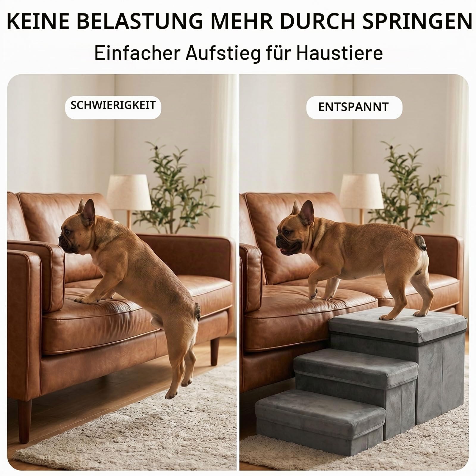Hundetreppe mit Stauraum 3 Stufen Faltbar 75x40x30cm - Rutschfeste Haustiertreppe für Bett und Sofa - Extra Breite Hunderampe für Kleine und Große Hunde Katzen - Stabile Dog Stairs Dunkelgrau (Grau-3)