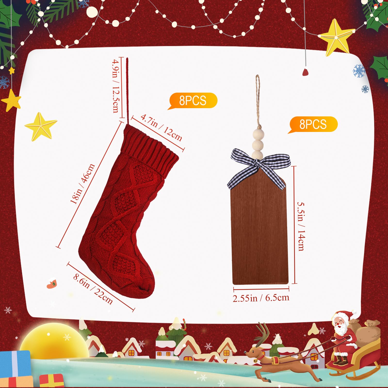 Lot de 16 grandes chaussettes de Noël en tricot torsadé avec étiquettes nominatives pour décoration de fête de Noël - 45,7 cm (rouge, blanc)