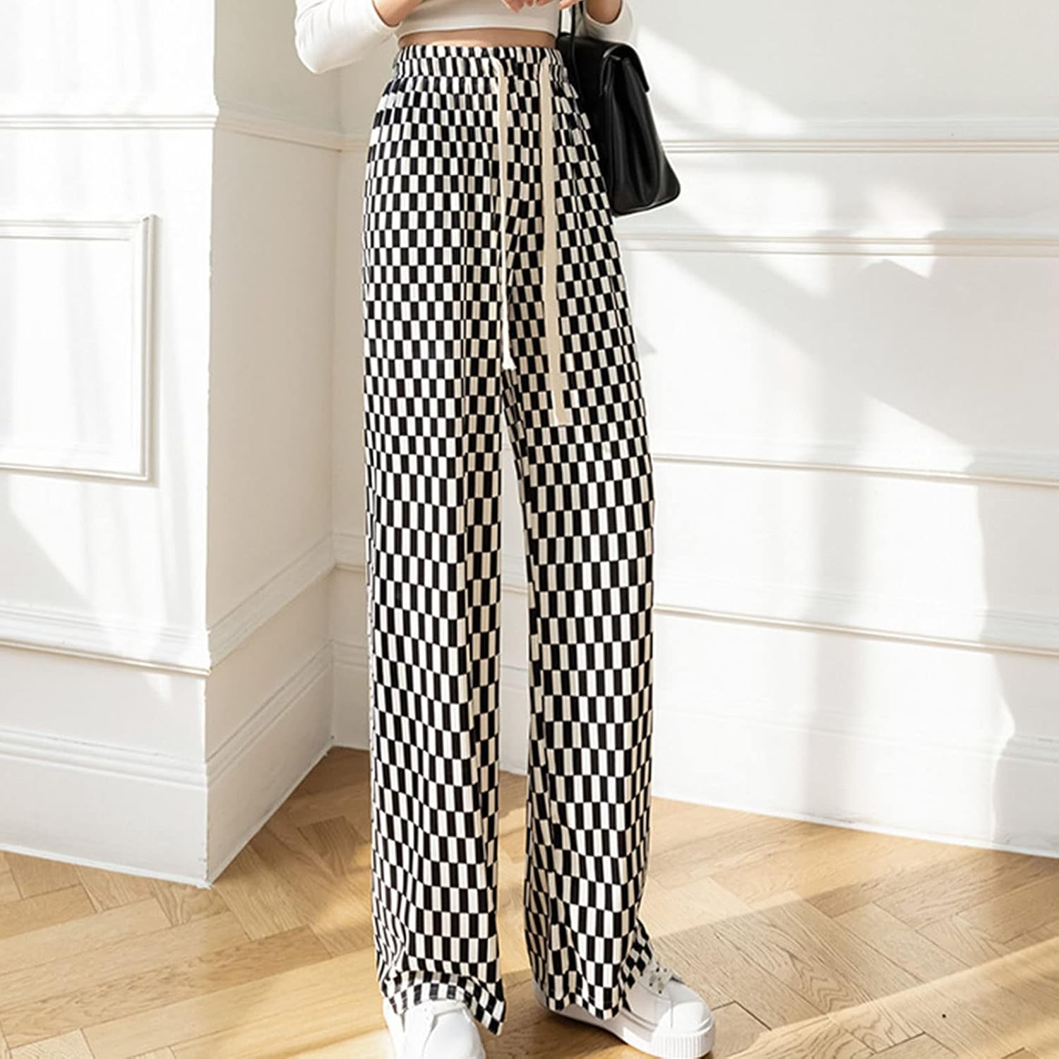 Women Loose Draped Elastic High Waist Wide Leg Pants Fashion Striped Plaid Casual Long Pants Straight Long Pants