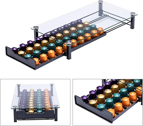 Miniatura 19 de Rice rat Soporte para almacenamiento de cápsulas de café, organizador de cajones originaline, cristal templado (50 cápsulas) 50 vainas,Negro -,Negro