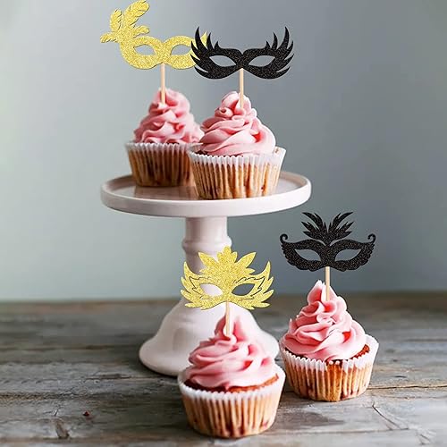 Miniatura 7 de Rsstarxi Paquete de 36 máscaras de mascarada, adornos para cupcakes, color negro y dorado con purpurina para despedida de soltera, para carnaval,