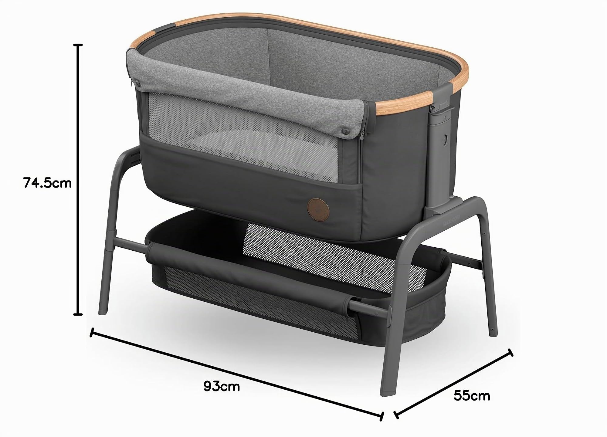 Maxi-Cosi Iora Co-Sleeper Krippe Faltbares Baby Nachttisch Krippe 0-6 Monate max 9 kg 4 Neigungs- & 5 Höhenpositionen Easy Slide Bequeme Matratze Großer Korb Leicht zu Tragen Essential Graphite