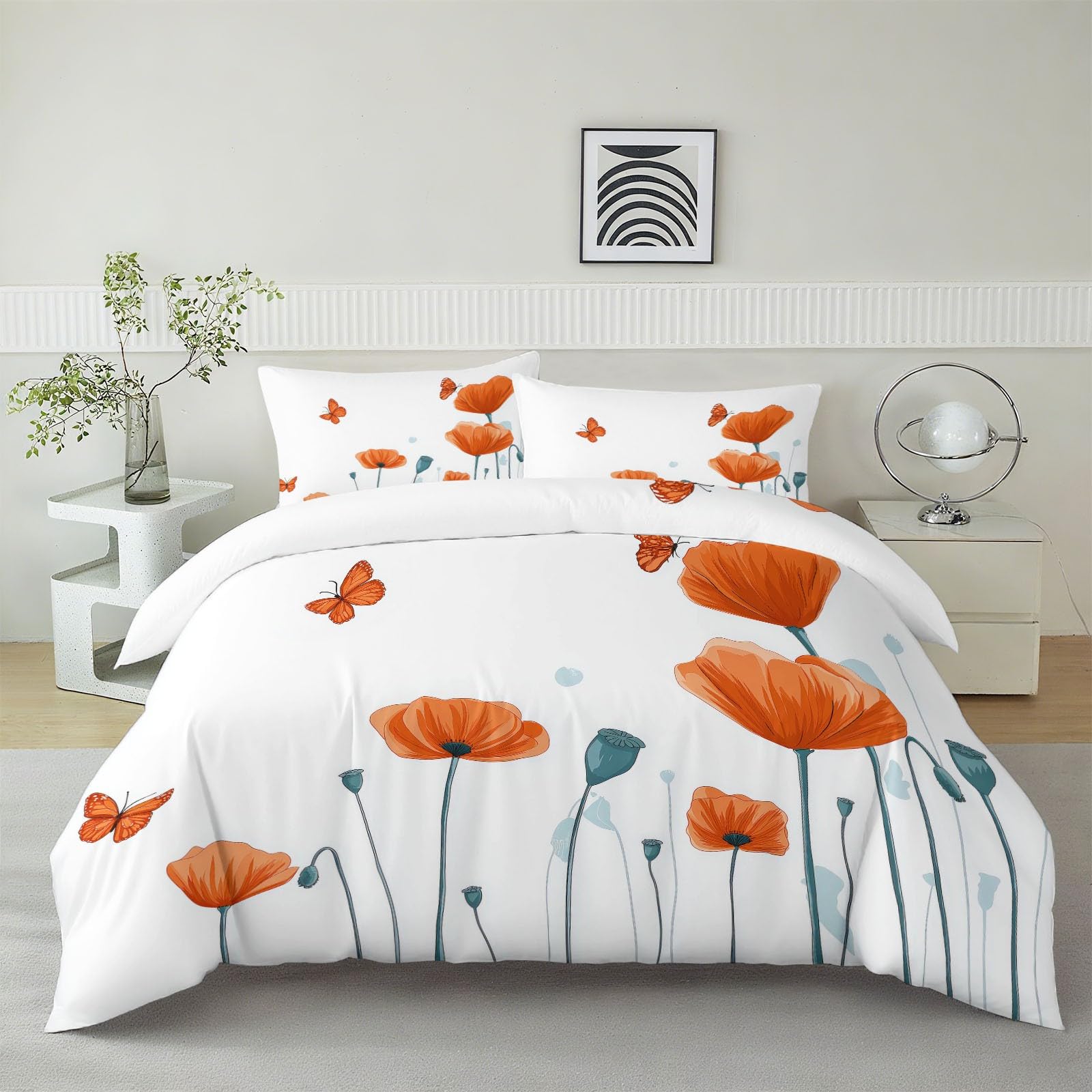 Generisch Komplet pościeli damskiej z motywem maku motyla, 220 x 240 cm, biała, poszewka na kołdrę z zamkiem błyskawicznym, delikatna, elegancka, akwarelowa, zestaw pościeli dwustronnej, z mikrofibry