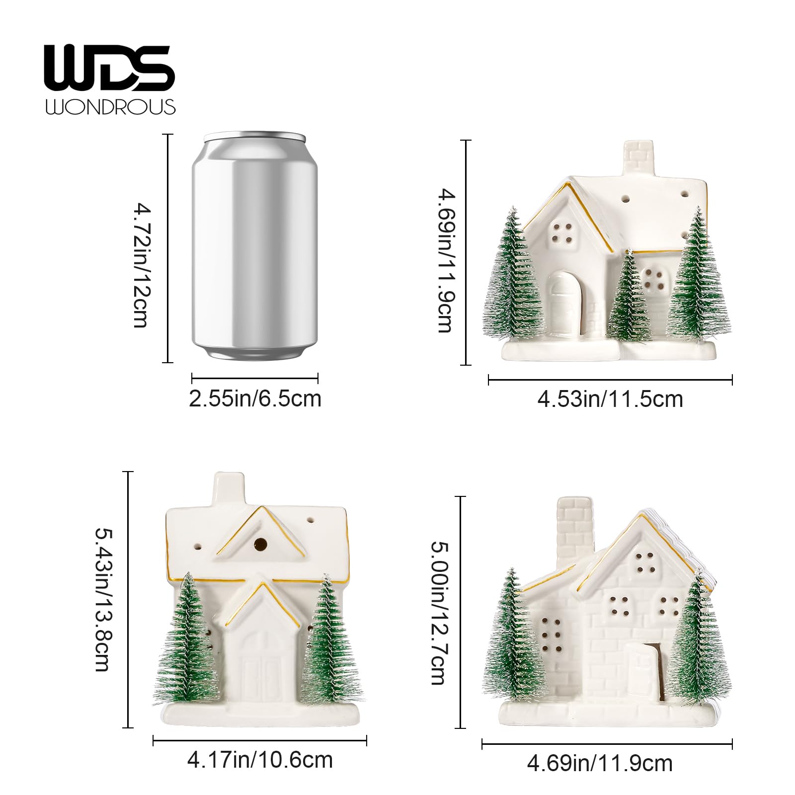 WDS WONDROUS Decoraciones de Navidad iluminadas para casa de pueblo, 3 piezas de cerámica blanca de invierno y árboles de Navidad esmerilados con luces, juego de casas de ciudad de Xams de porcelana