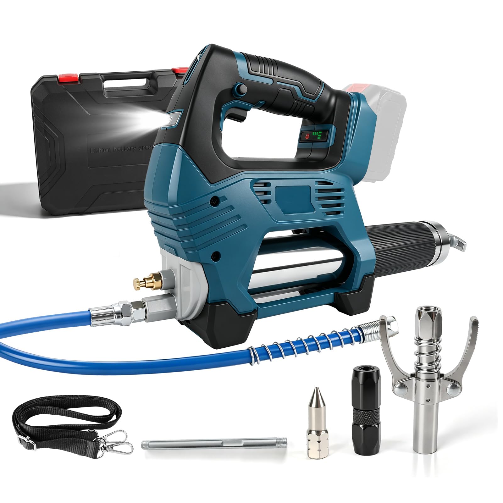 Akumulatorowa wyciskarka do smaru kompatybilna z Makita 18 V, ulepszona, bezszczotkowa elektryczna prasa do smarowania 12000 psi, 6 oz/min z 3 ustnikami, wąż 60 cm, 3 złącza do traktorów