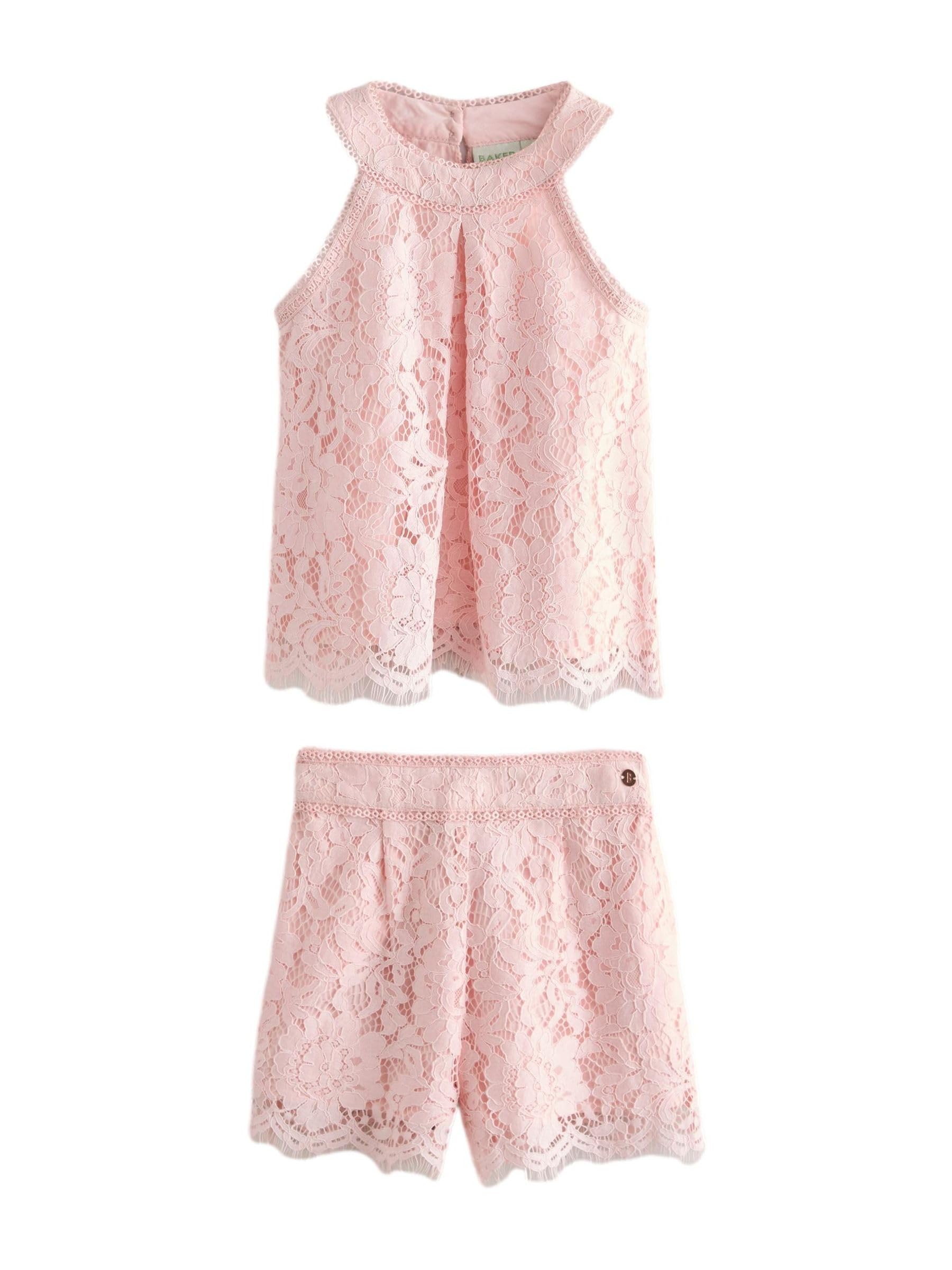 Conjunto de 2 piezas de camiseta con cuello halter para niña con encaje y pantalones cortos