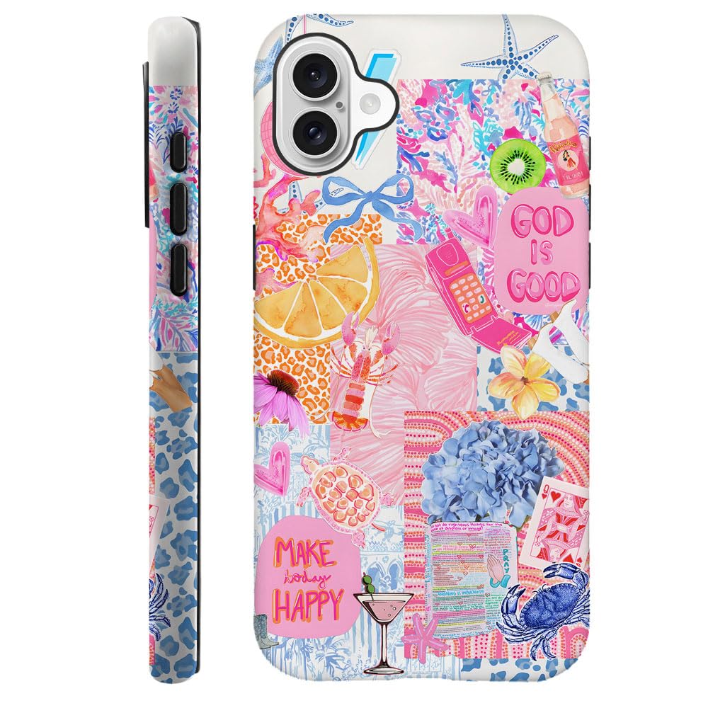 Generic Case Compatible with iPhone 16,Scratch Resistant Hybrid 2-Layer Hard Shell Phone Case,Ocean Fruit Collage